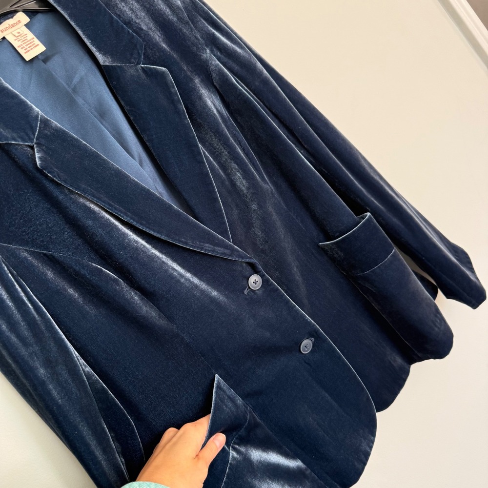 A18 Sundance Taysha Single Breasted Blue Silk Blend Velvet Blazer Jacket Size 8 - Picture 4 of 7